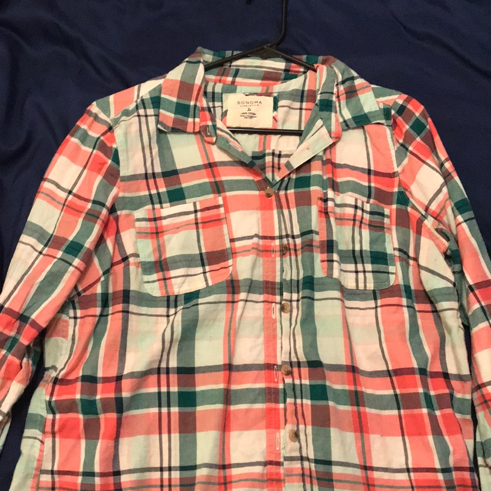 Coral and green plaid shirt